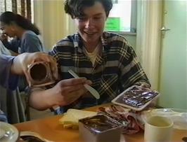 Matthew Pryer opens his box of - chocolate spread